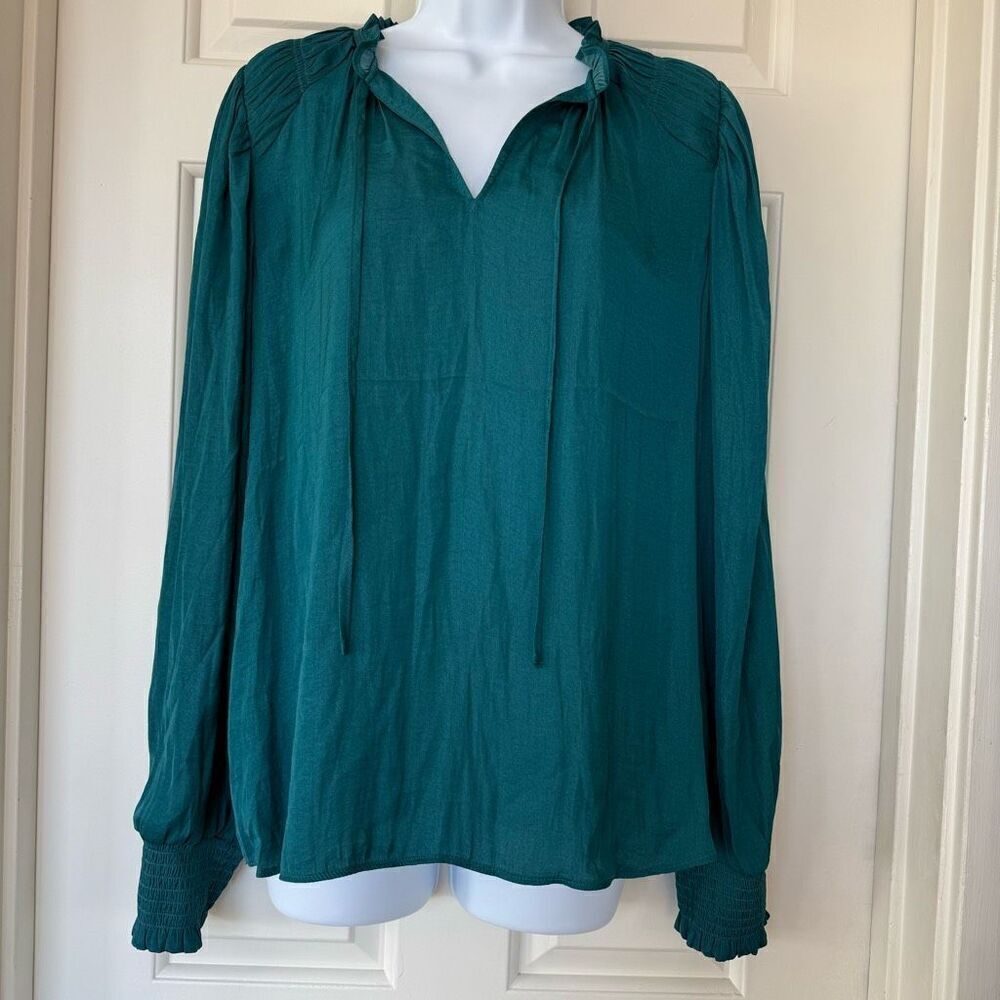 Rachel by Rachel Roy Teal Green Ruffle and Smocked Split Tie Neck Long Sleeved B